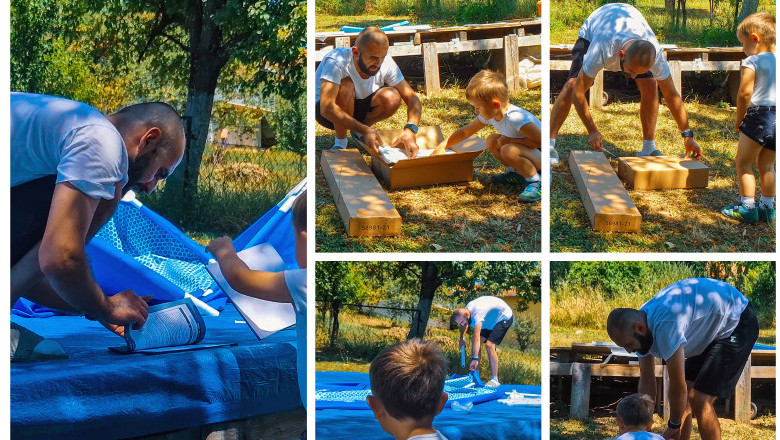 Ismar i Amir montiraju bazen, ljeto 2025.